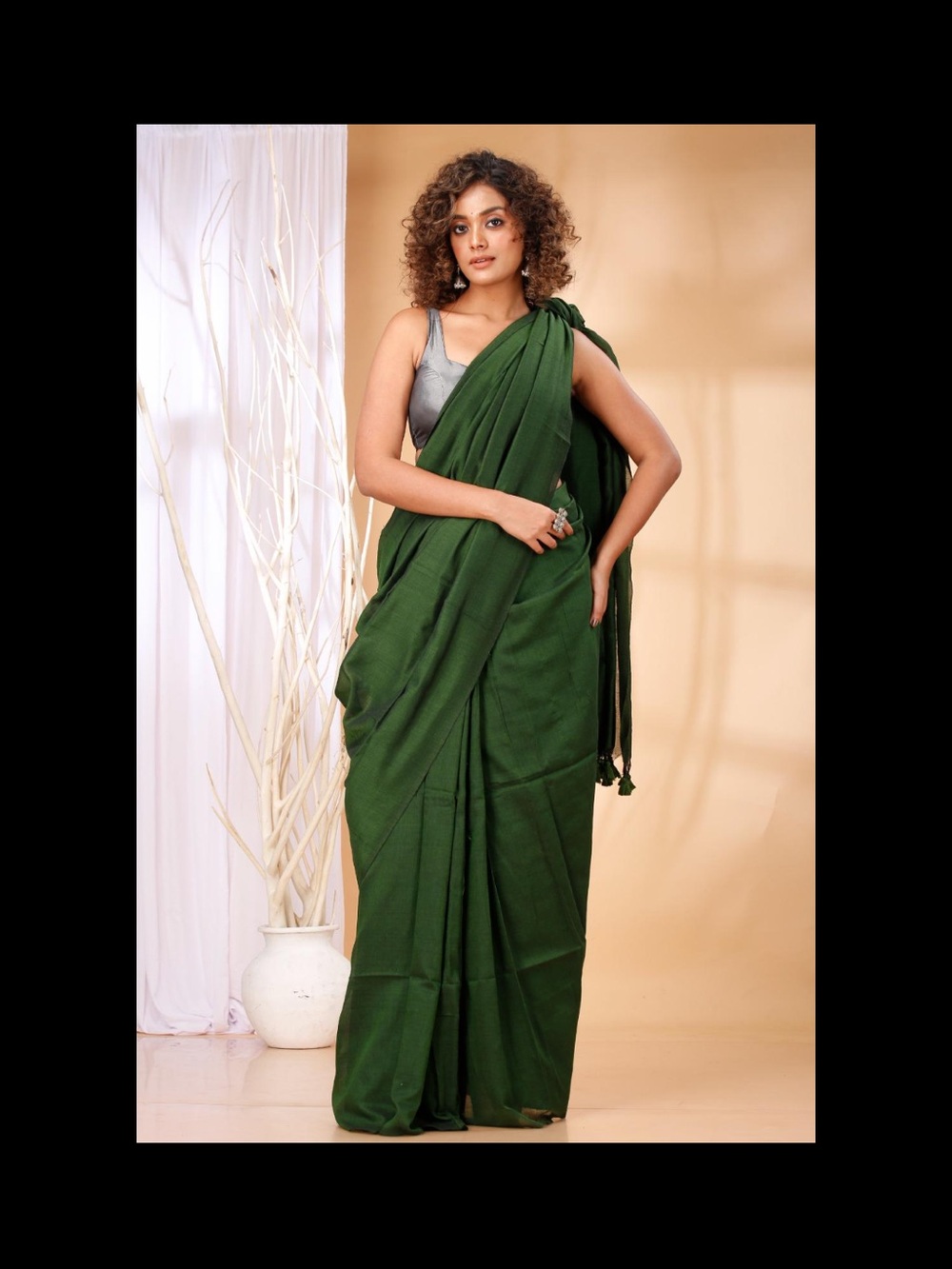 Elegant forest Green Khadi cotton Saree Dress